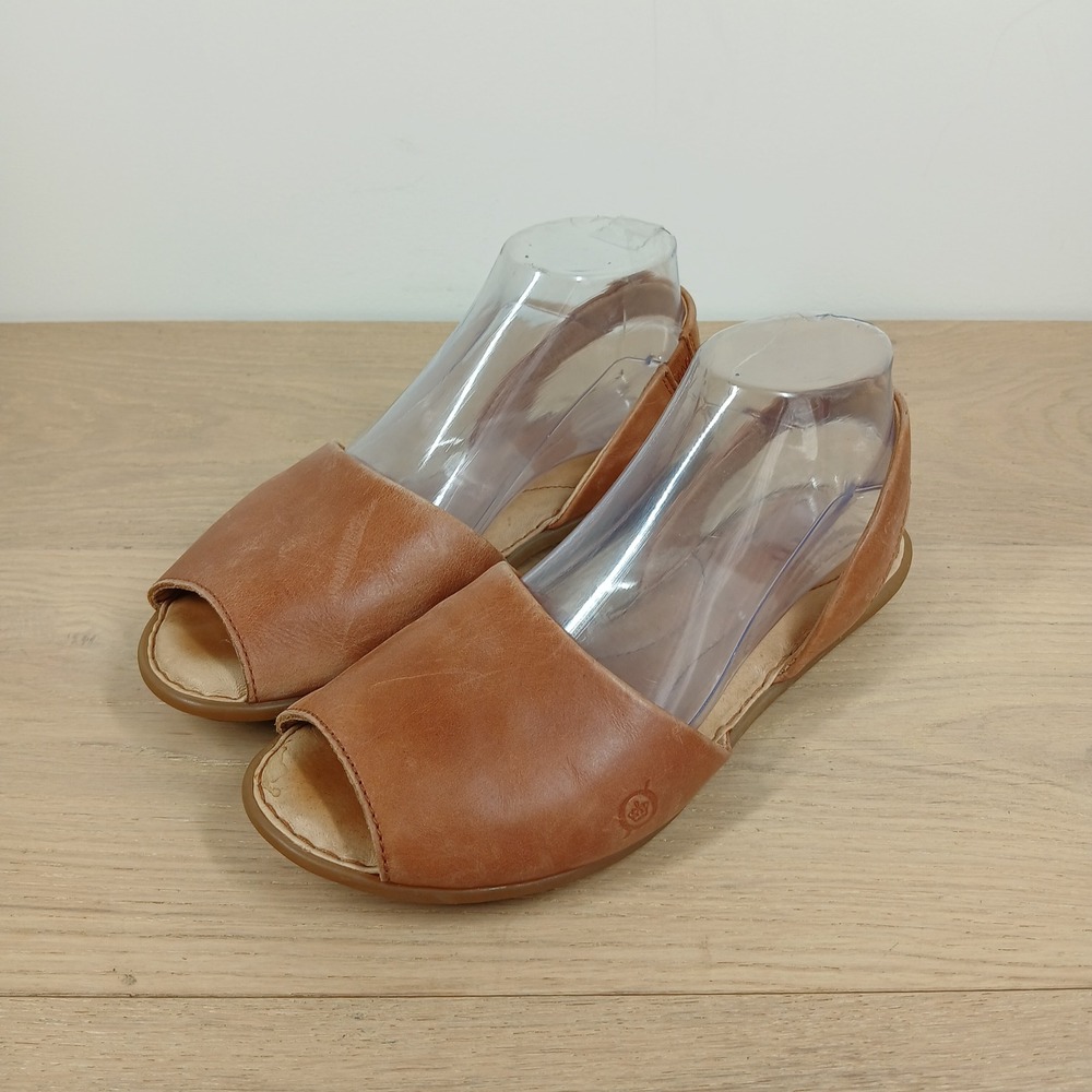 Born Sandals Womens 8 Brown Leather Slingback Peep Toe Comfort Casual Flat